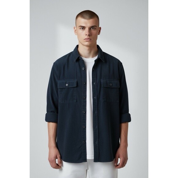 Le 31 Par Simons Overshirt Shacket Mens L Navy Long Sleeve Vision Organic Cotton - Picture 10 of 15